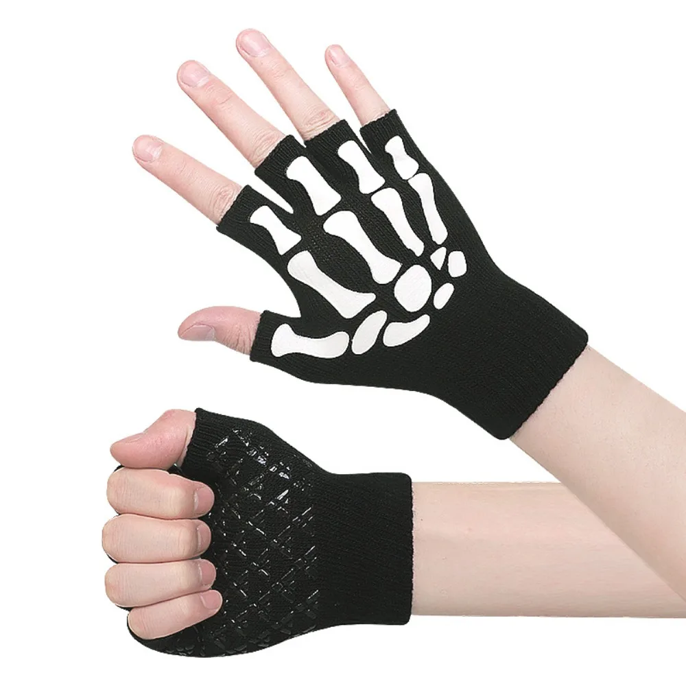 

Black Punk Skeleton Gloves Knitted Ghost Claw Skull Half Finger Gloves Thicken Stretch Halloween Skeleton Gloves Moto Riding