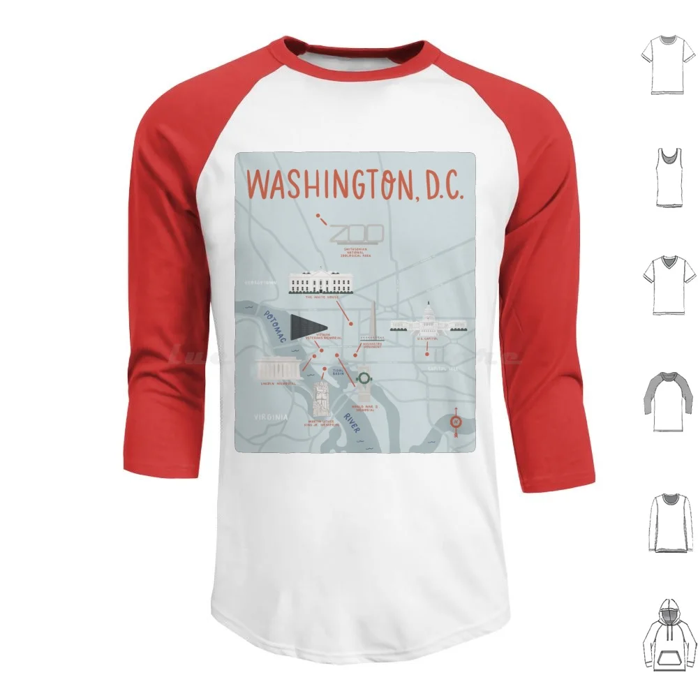 Washington D.C. Illustrated Map Hoodies Long Sleeve Washington District Of Capitol Building White House Washington