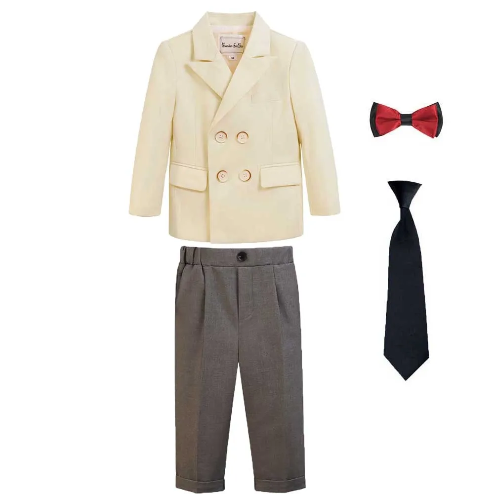 Children Champagne Jacket Pants Bowtie+Tie Photography Suit Boys Formal Wedding Ceremony Costume Kids Performance Party Dress