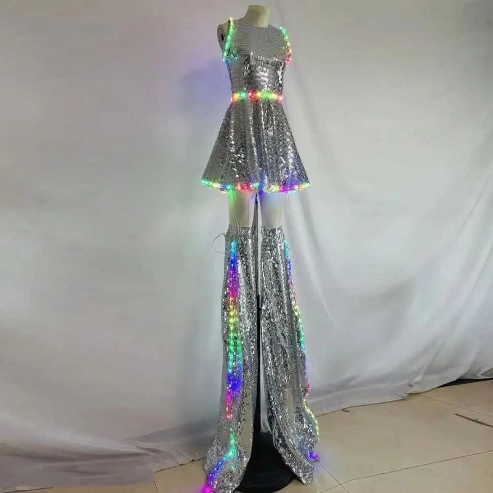 

Professional Performance Costume for Women Gogo Dancer Sleeveless Sequin Dress Shining Laser PU Clubwear for DJ Party Stilt Walk