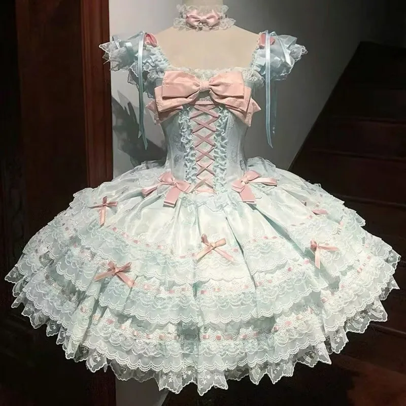 

Sweet Lolita Square Neck Dress, Summer Bow Tie Princess Gown Slim Fit New Arrival Chic Style