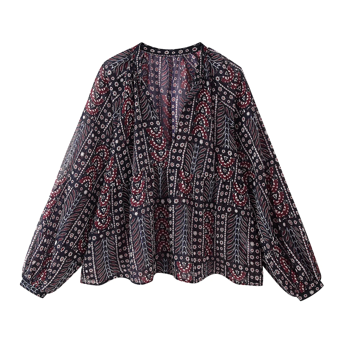 

ZBZA Spring New Women's Faion Design Metal Color Print Cover up irt Casual Loose Long Sve round Ne Polyester Fiber
