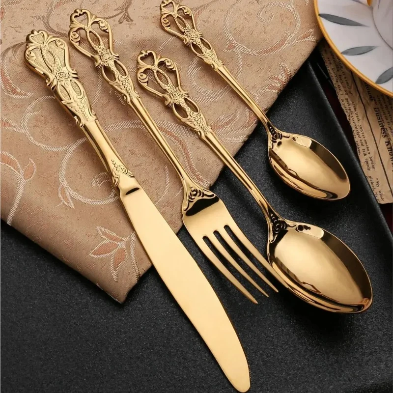 24Pcs Gold Dinnerware Set Stainless Steel Tableware Set Knife Fork Spoon Flatware Set Cutlery Set Knife Fork Spoon Tea Spoon