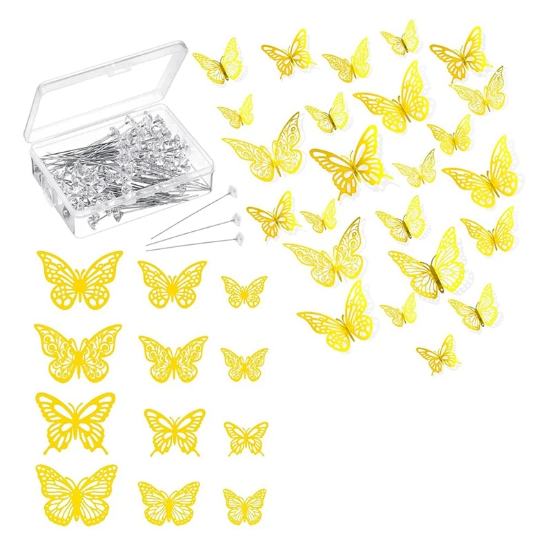 3Dゴールデンバタフライステッカーセット,フラワーブーケピン,ダイヤモンドピンセット,フローラルアクセサリー,SV-198Pcs