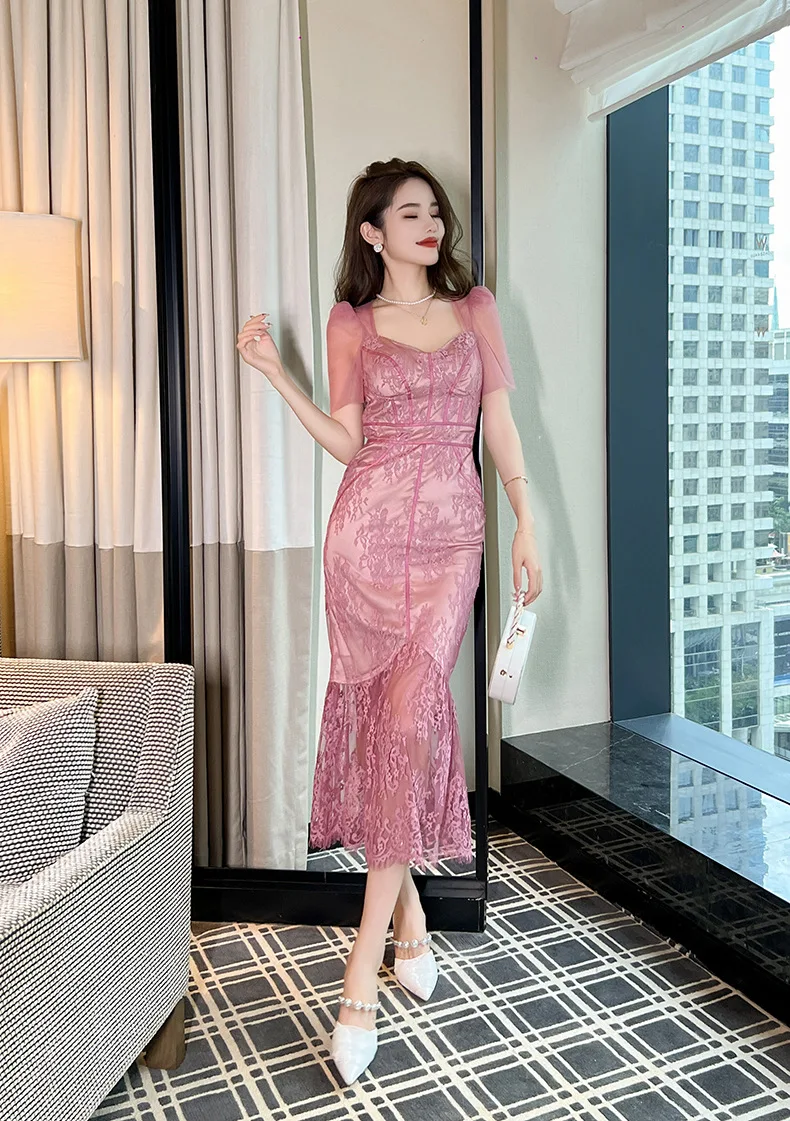 Black lace slim dress for women new slim beautiful French long skirt hip fishtail skirt