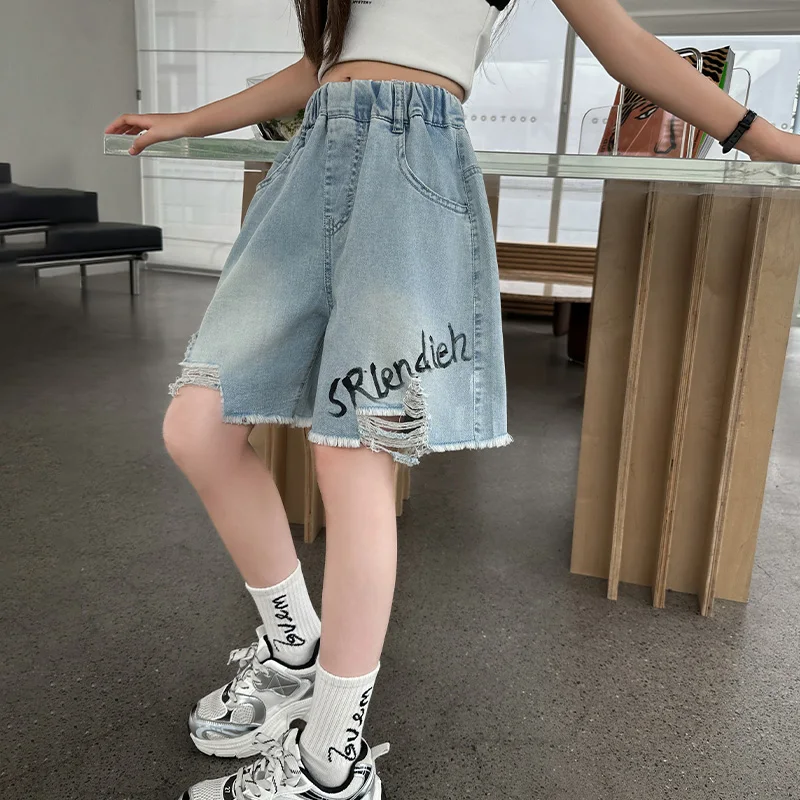 Y2K Kids Meisjes Hoge Taille Gebroken Denim Shorts voor Straat Kleding Tweens Kind Zomer Ontwerp Loose Fit Gescheurde Jeans Capri 5-14Y