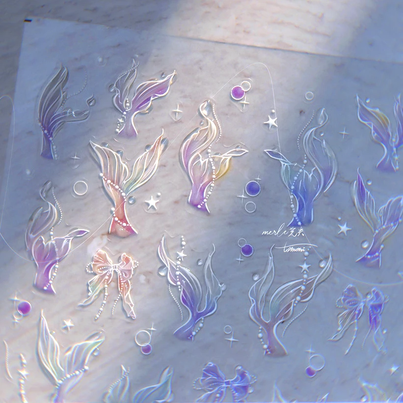 Shining Mermaid Tail Nail Stickers Holographic Shell Star 5D Decals Sea Animal Jellyfish Nail Art Sliders Scrub Summer Design