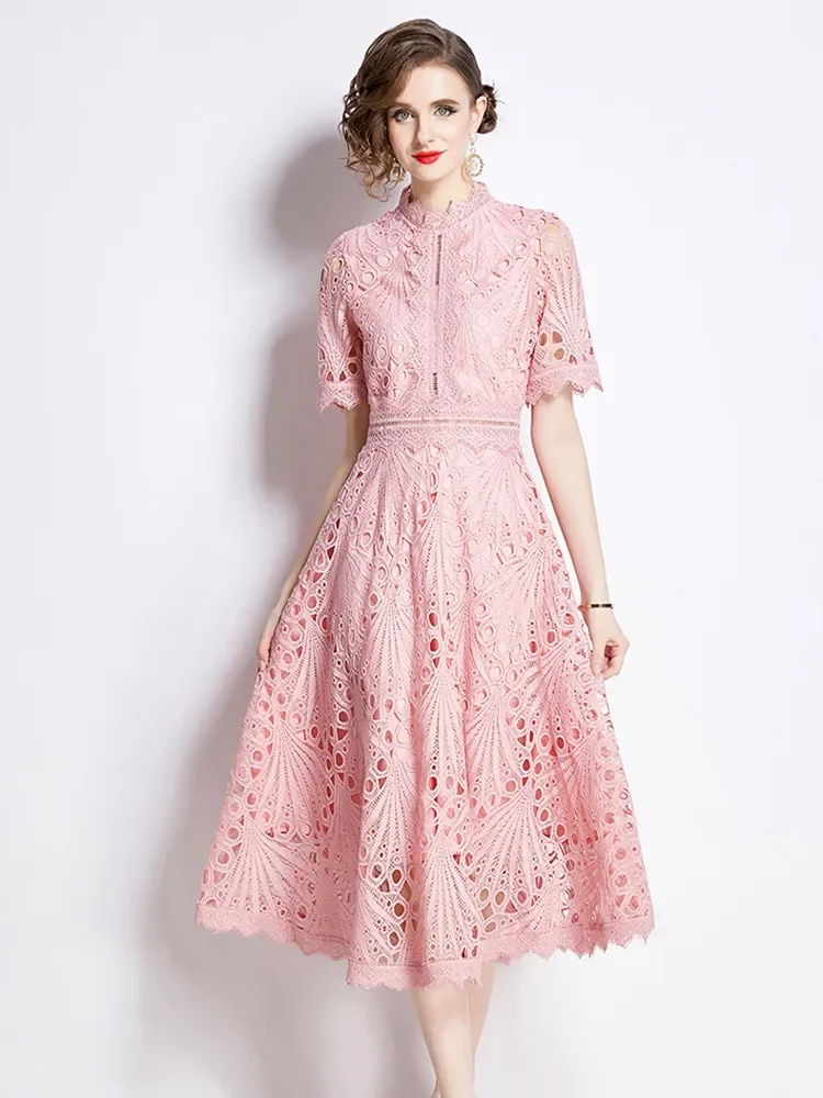 S-4XL Sweet Rose Red Solid Runway Party Dress for Women Summer Short Sleeve Hollow out Embroidery Lace Dress Robes Femme