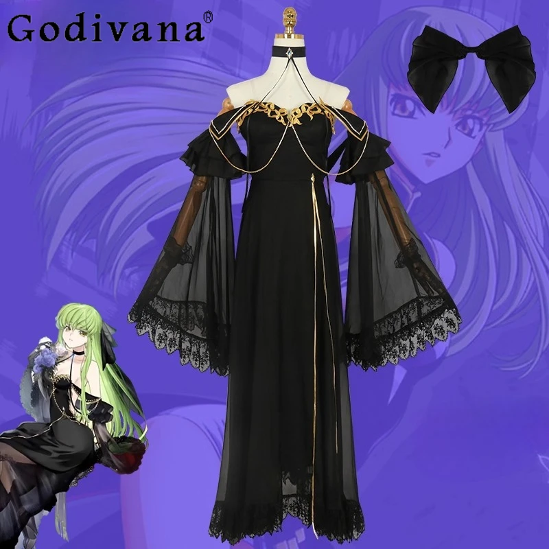 

Women Sexy Party Suit Black Evening Dress Off Shoulder Dress Girls Anime Geass Lelouch of The Rebellion C.C. Cosplay Dress