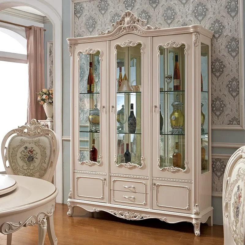 for European Light Luxury Solid Wood Wine Cabinet Side Cabinet Locker Three Door Wall Partition Cabinet Villa Living Room