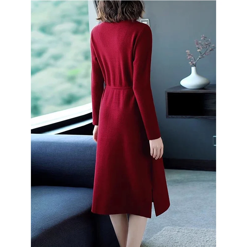Turtleneck Knitted Dress Temperament Midi Dress Ladies Knitting Lacing Dresses Autumn Winter Elegant Pocket Vintage Dress Women