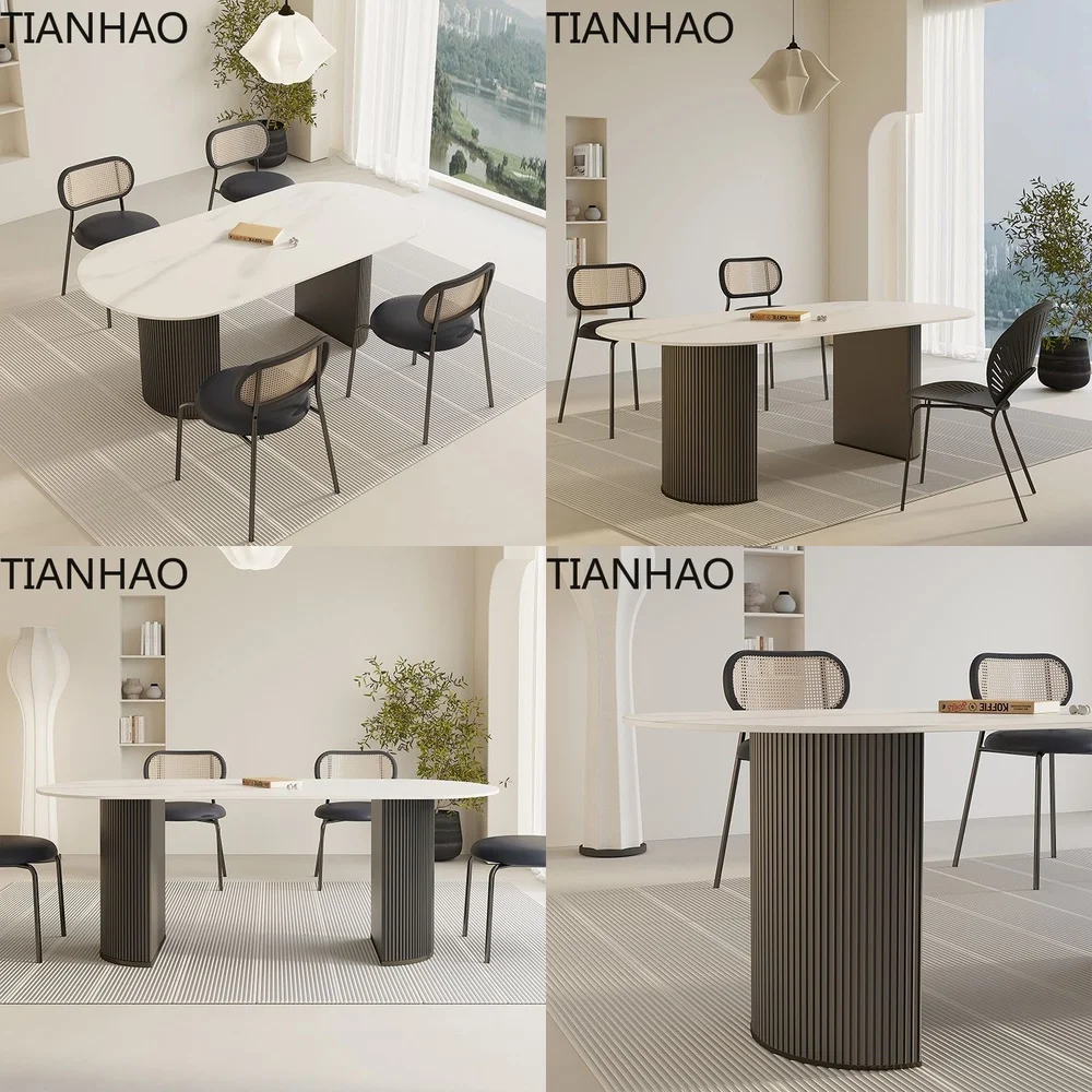 Nordic Minimalist Black Stone Dining Table Oval Luxury Home Dining Table Set French Vintage Cream Style