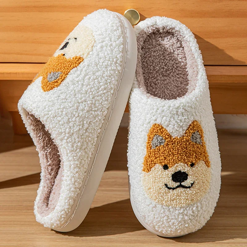 Cartoon Corgi Printed Plush Slippers Women 2024 Winter Warm Soft Bottom Non-Slip Home Slippers Woman Indoor Flat Cotton Slides