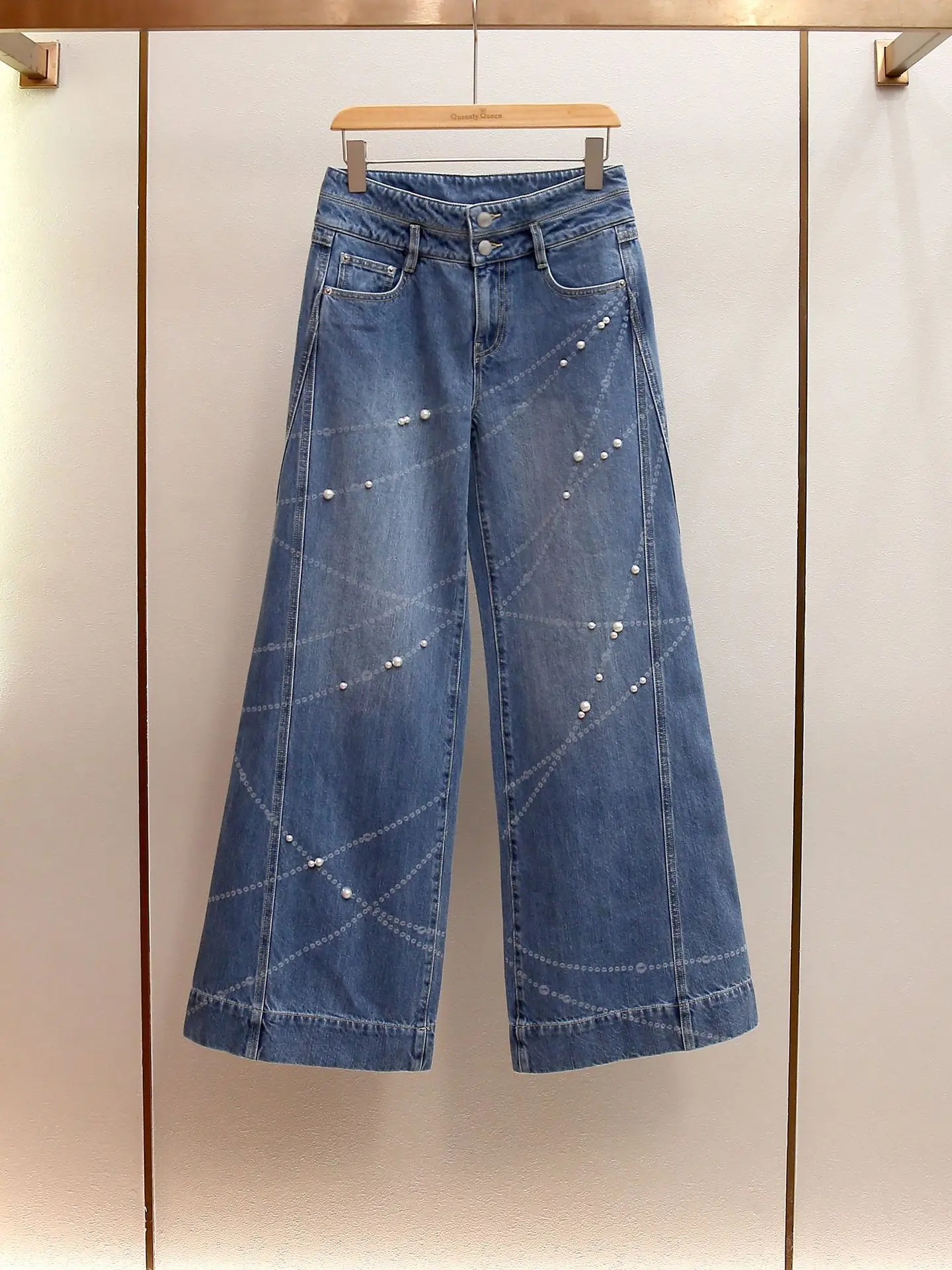 

High-end women's autumn winter retro versatile beaded wide-leg high-waisted long jeans winter pants wide leg pants damen hose
