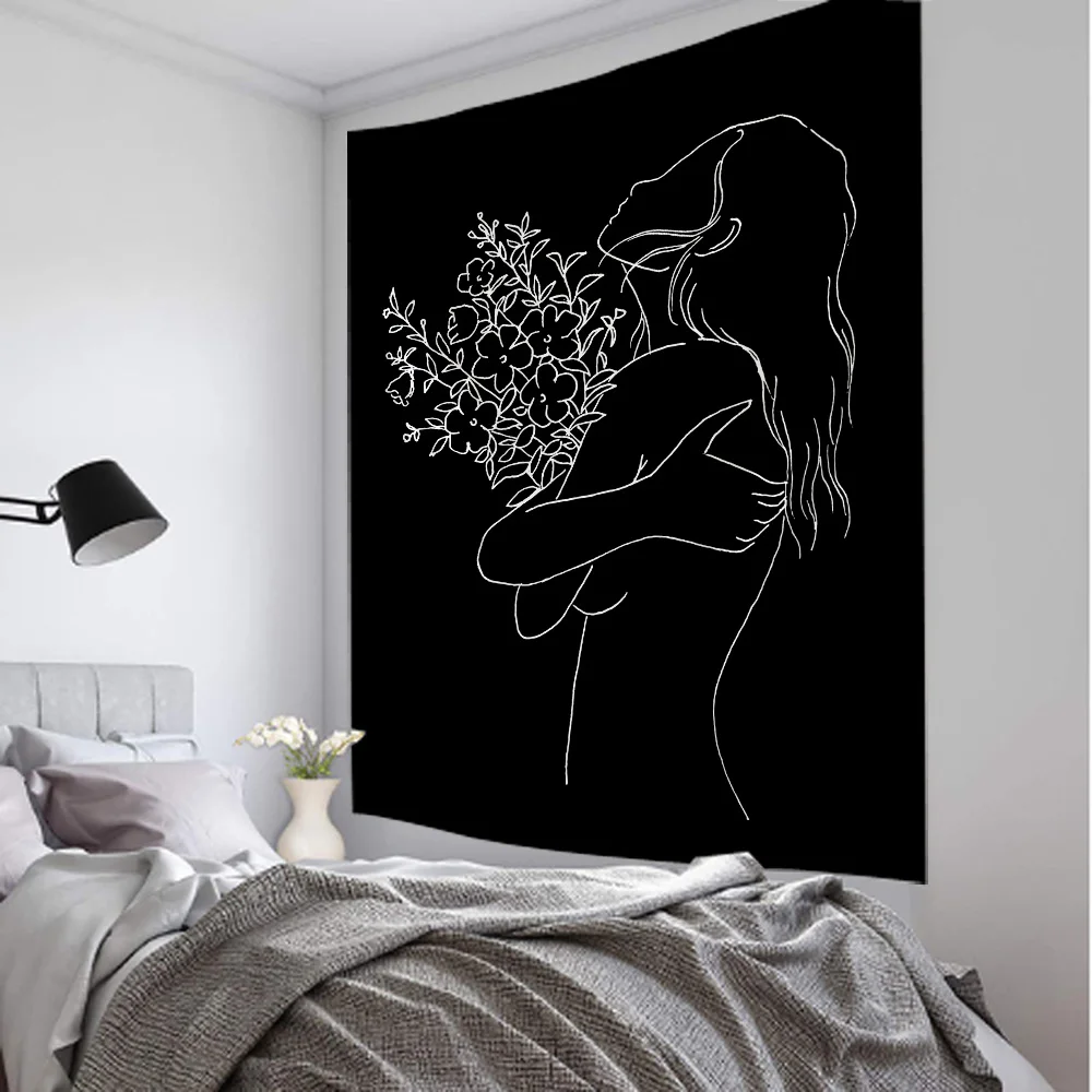 

Minimalist character art tapestry, black wall hanging cloth, abstract lines, personalized art decoration, home wall decoration