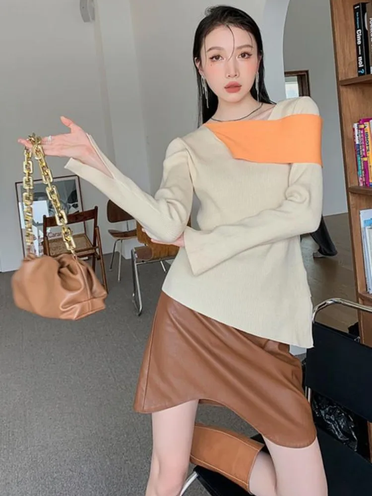 

Irregular Design Sweater Women's Autumn And Winter New Fashion V-Neck Shoulder Strap Contrasting Color Slimming Top