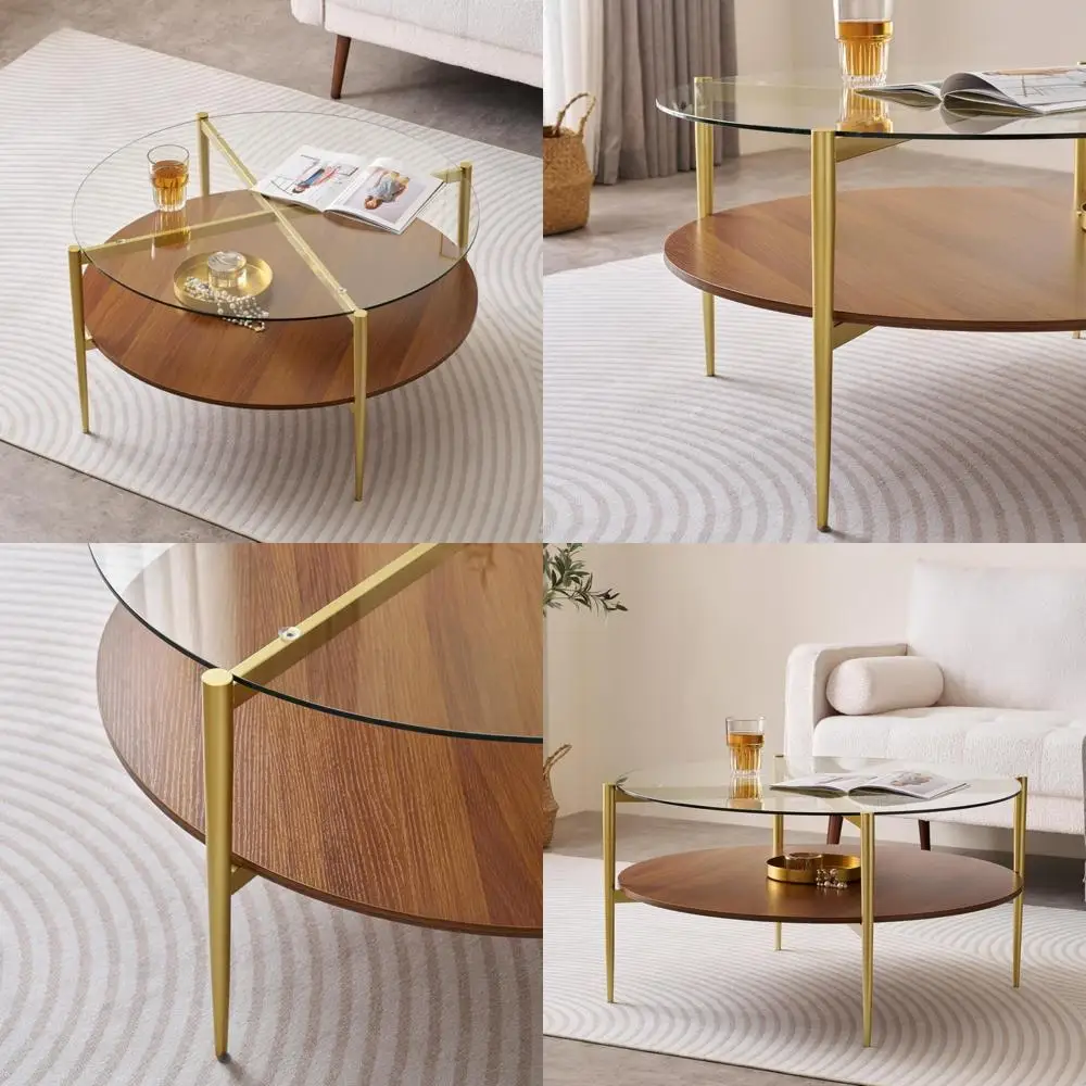 

Large Round Living Room Coffee Table with Mid-Century Modern Style, 2-Tier Glass Top, 34 Diameter x 17 Height