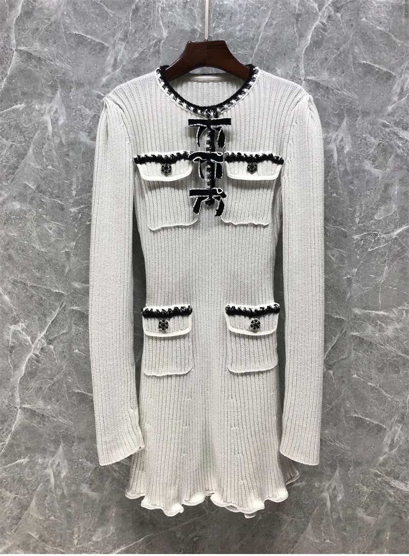 

High Quality Knitted Dress 2023 Spring Autumn Dress Women Beading Pocket Patchwork Long Sleeve Casual Beige Black Sweater Dress