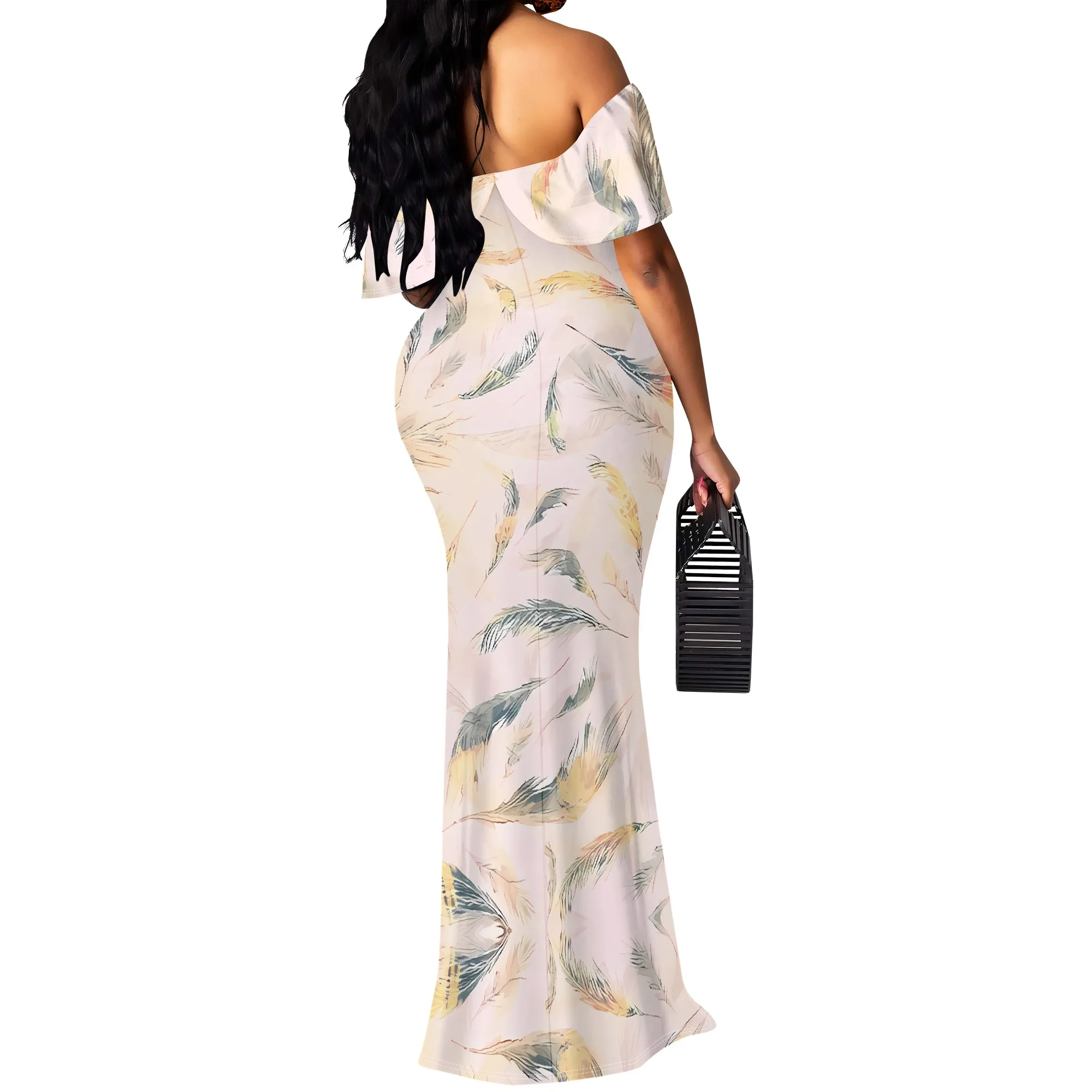 Abito lungo con stampa di piume e spalle scoperte taglie forti Abito da festa aderente elegante per le vacanze estive