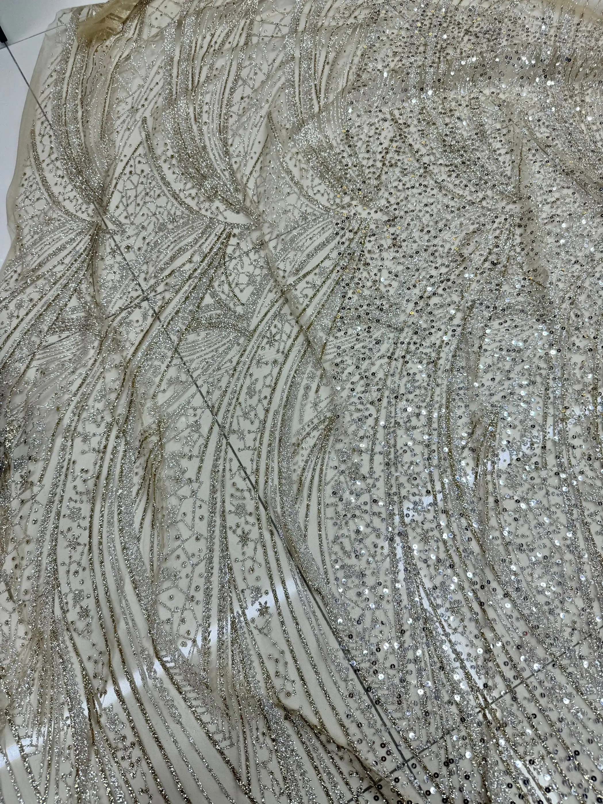 Luxury Sheer Foiling Sequin Fabric Evening Dresses Performance Costumes Hot Stamping Embroidered Beaded Lace Trim Material