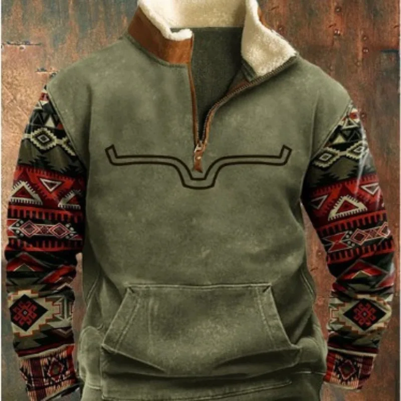 Spring Autumn New Men Wool Collar Half-zipper Hoodies Sweatshirts Print Casual European American Trend Jacket Long-sleeved Tops