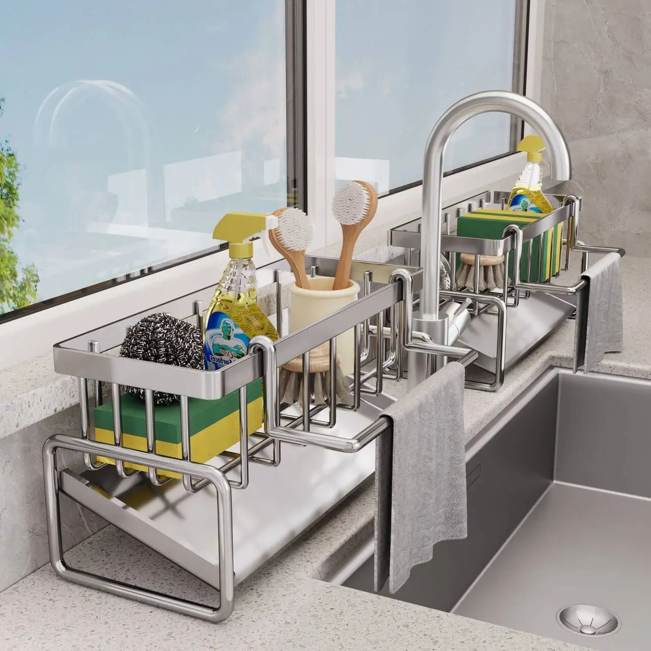 Kitchen Stainless Steel Sink Sponge Holder Drain Rack Faucet Storage Soap Drainer Towel Rack Shelf Organizer Accessories