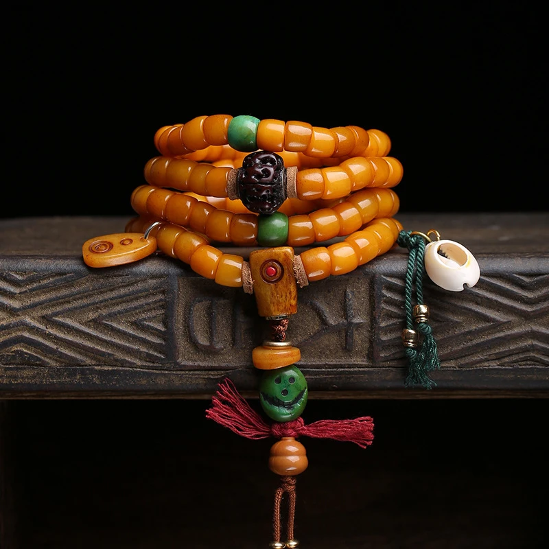 108 Buddhist made of recycled yak gut beads, with copper inlay and Vajra Bodhi bone three-way connector