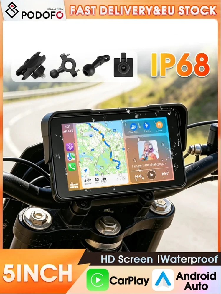 Podofo 5 Zoll IP68 Wasserdichter Motorrad-Smart-Multimedia-Player, kabelloses CarPlay, Android Auto, integriertes TPMS-Reifendrucküberwachungssystem, Bluetooth-Audio-Stereo-Display-Gerät für Motorrad-