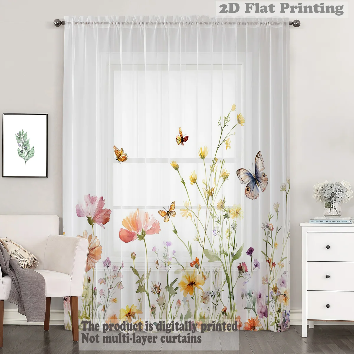 Butterfly Theme One-Piece Semi-Transparent Window Screen Natural Lightweight French Country Style Garden Pole Window Screen