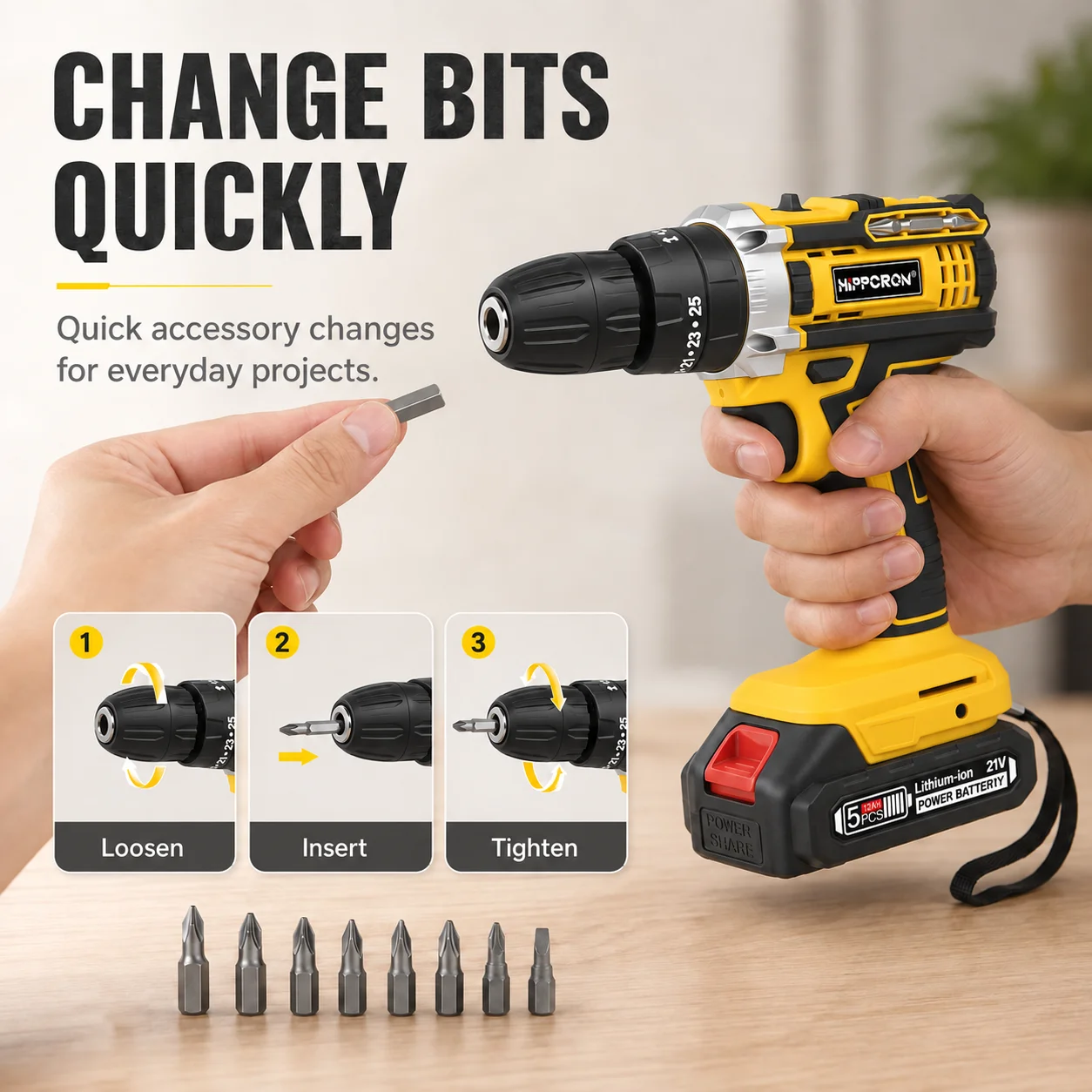Hippcron Cordless Impact Electric Drill Driver Kit 25+3 Torque 3/8