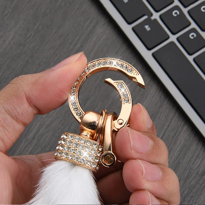 Fashion Real Fur Mink Tail Car Keychain for Women Fluffy Tassel Pendant Crystal Keyring Charms Bag Ornament Soft Fur Key Holder