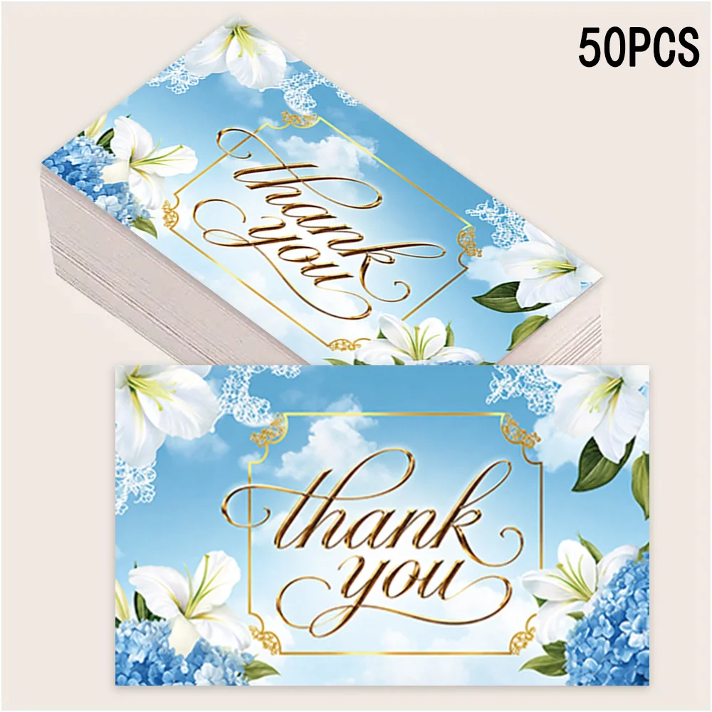 50PCS Blue Flower Thank You Cards, Small Business Cards, Gift Decoration Cards, Anniversary and Bridal Gift Thank You Cards