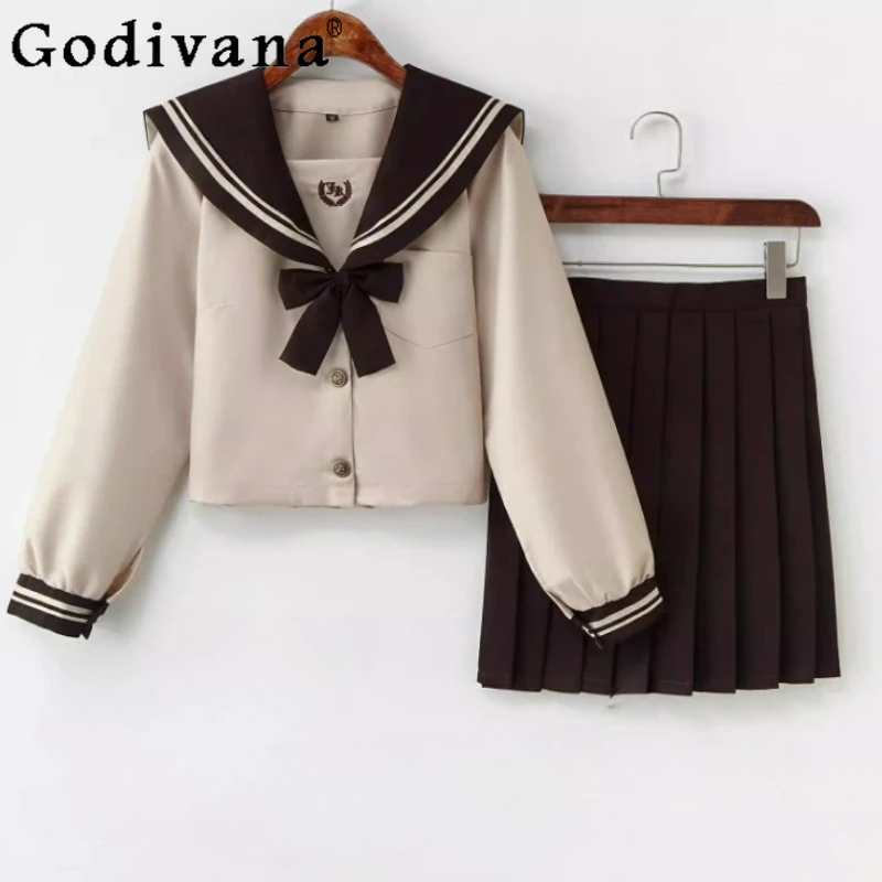 

Elegant Japanese Fashion Versatile Age Reduction Sweet Navy Collar Jk Uniform Fashion High Waist A-line Short Pleated Skirt Sets