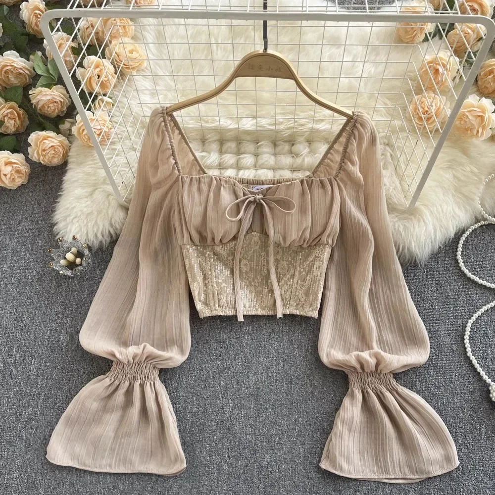 chic Puff Long Sleeve basic slim Blouse Vintage Korean Fashion Pleated Crop Top Sexy Shirt hotsweet Spring Autumn Women Clothing