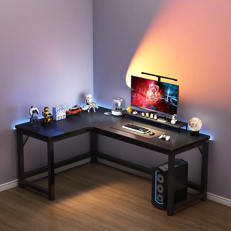 Corner Gaming Table Computer Desk with Bookshelf Double Desktop Household Office Study Bedroom Furniture Space Saving