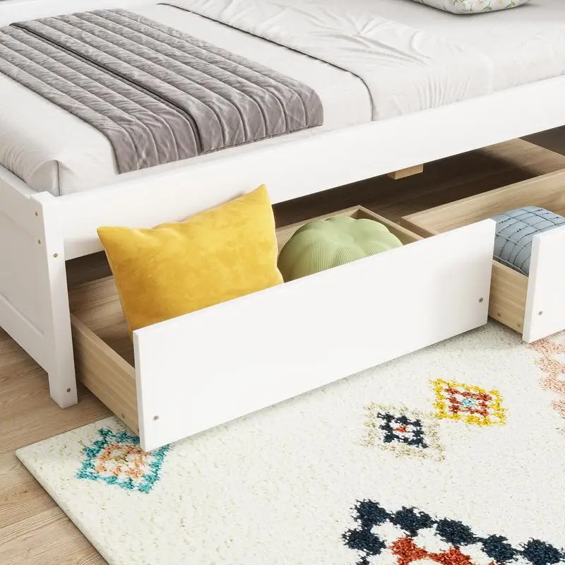 Cama de estante dupla em forma de L com tomadas, portas USB e 2 gavetas, acabamento branco