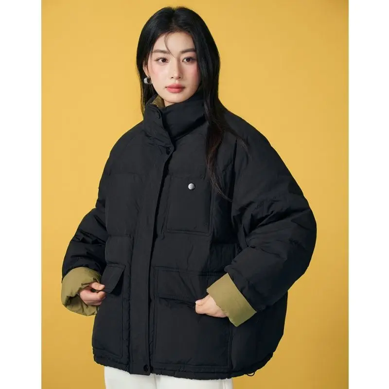 جاكيت قطني متباين بياقة واقفة عصرية للنساء في شتاء 2025، مع إحساس فاخر وفضفاض، مقاس سميك #6