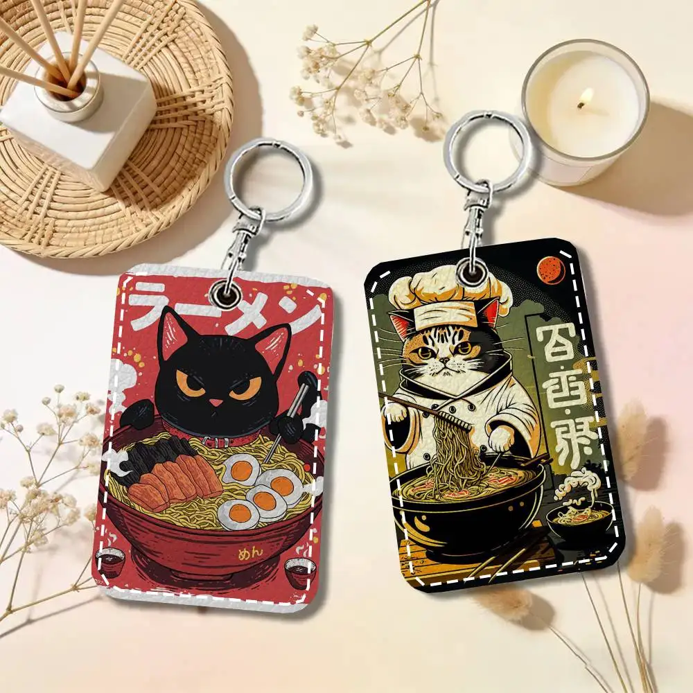 Japanese Cat Card Wallet With Keychain PU Leather Printed Pattern Card Holder