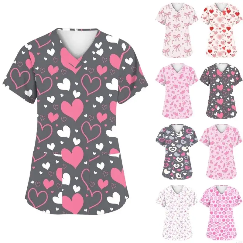 77HE Valentine's Day Scrub Tops Women Nursing Uniforms V-Neck Short Sleeve Fun Printed Scrubs Top with Pockets