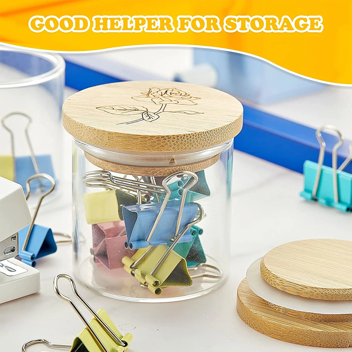 أغطية برطمانات الخيزران Oui مع حلقات مانعة للتسرب من السيليكون ، أغطية تخزين الفم الواسعة ، نمط الورد ، خالية من بيسفينول أ ، 6 عبوات ، 68 ~