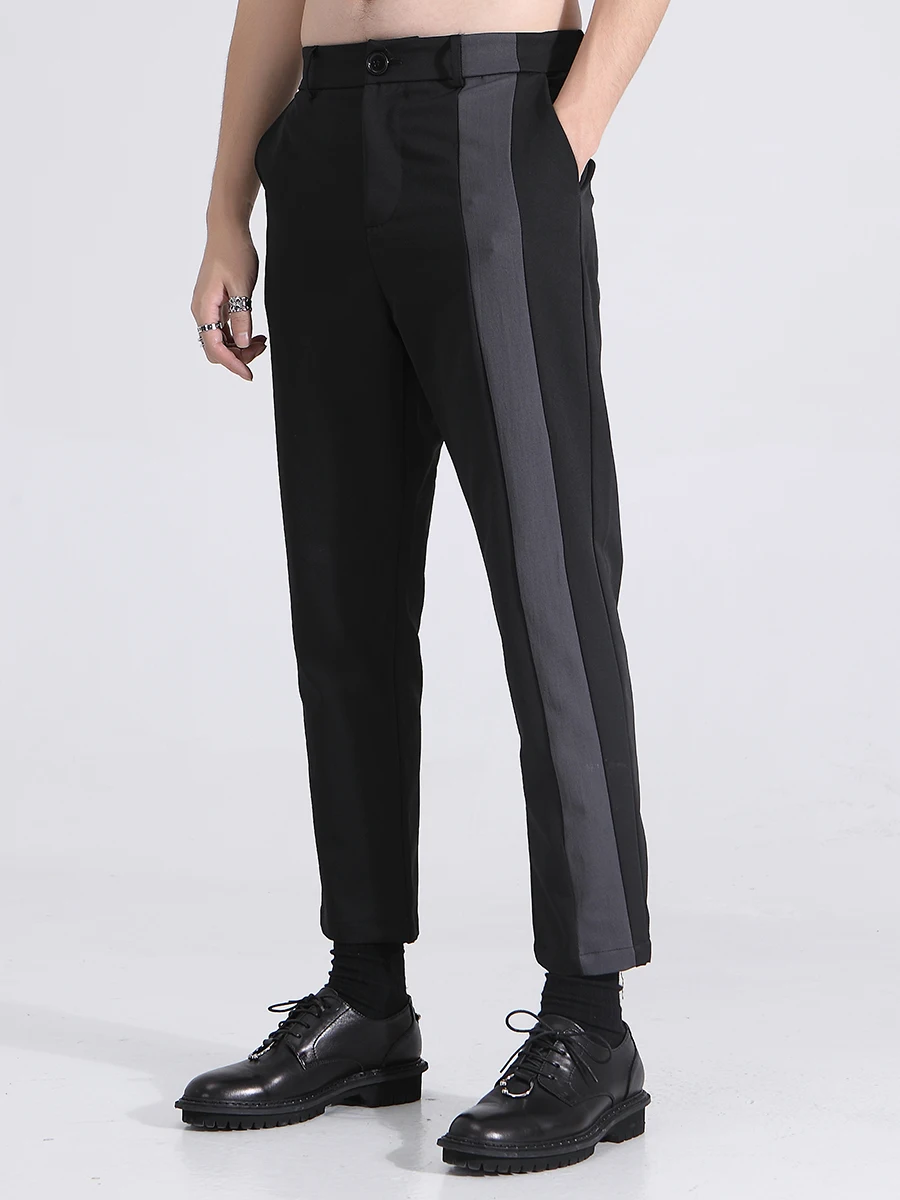 Men's Fall Color Contrast Splicing Slim Foot Nine Point Pants British Conical Suit Pants 9 Points Trousers Male Fashion