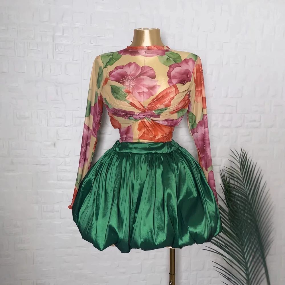 JENYAGE Damen Sexy Blumen-Netzstoff-Oberteil mit Stehkragen und langen Ärmeln + Korallenfarbener, voluminöser Minirock, zweiteiliges Abend-Party-Set – Detail 3