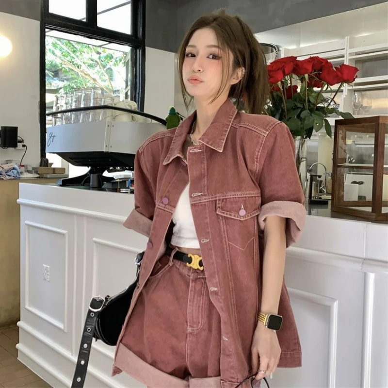 Vintage Fashion Suit Women\'s Summer New Sense of Advanced Short-sleeved Denim Jacket Temperament Wide-leg Shorts Two-piece Set