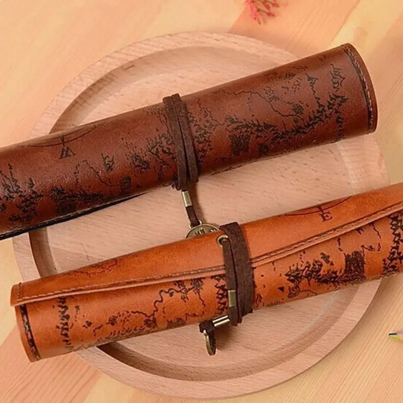 Vintage Imitation Cowhide Leather Roll Up Pirate Treasure Map Pencilcase Office School Supply Woman Cosmetics Storage Bag Gift image 3