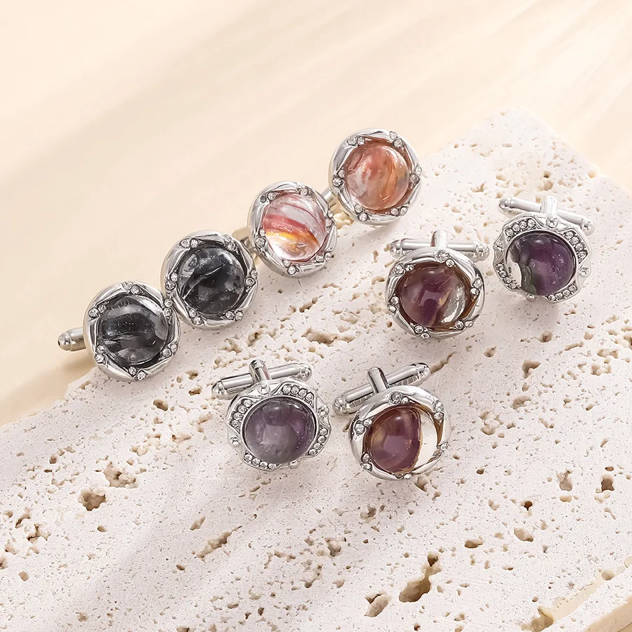 بدلة عمل رجالية قمصان رسمية أزرار أكمام مستديرة موضة زجاج حجر الراين الديكور أزرار أكمام مجوهرات فاخرة هدية للأب #2