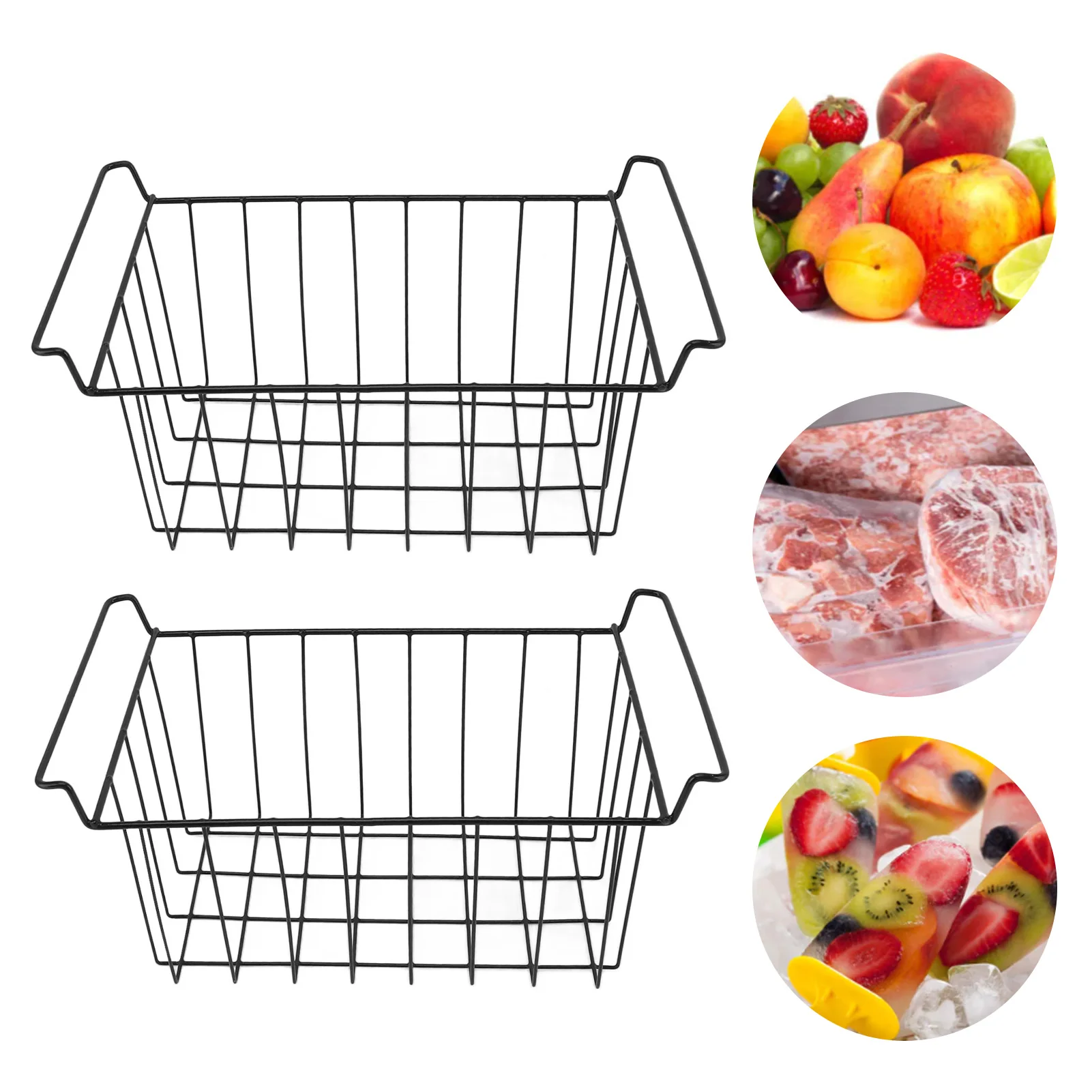 2 Pcs Freezer Wire Storage Basket PE Coated Hanging Rack Organizer Bin Black for Refrigerator Shelves