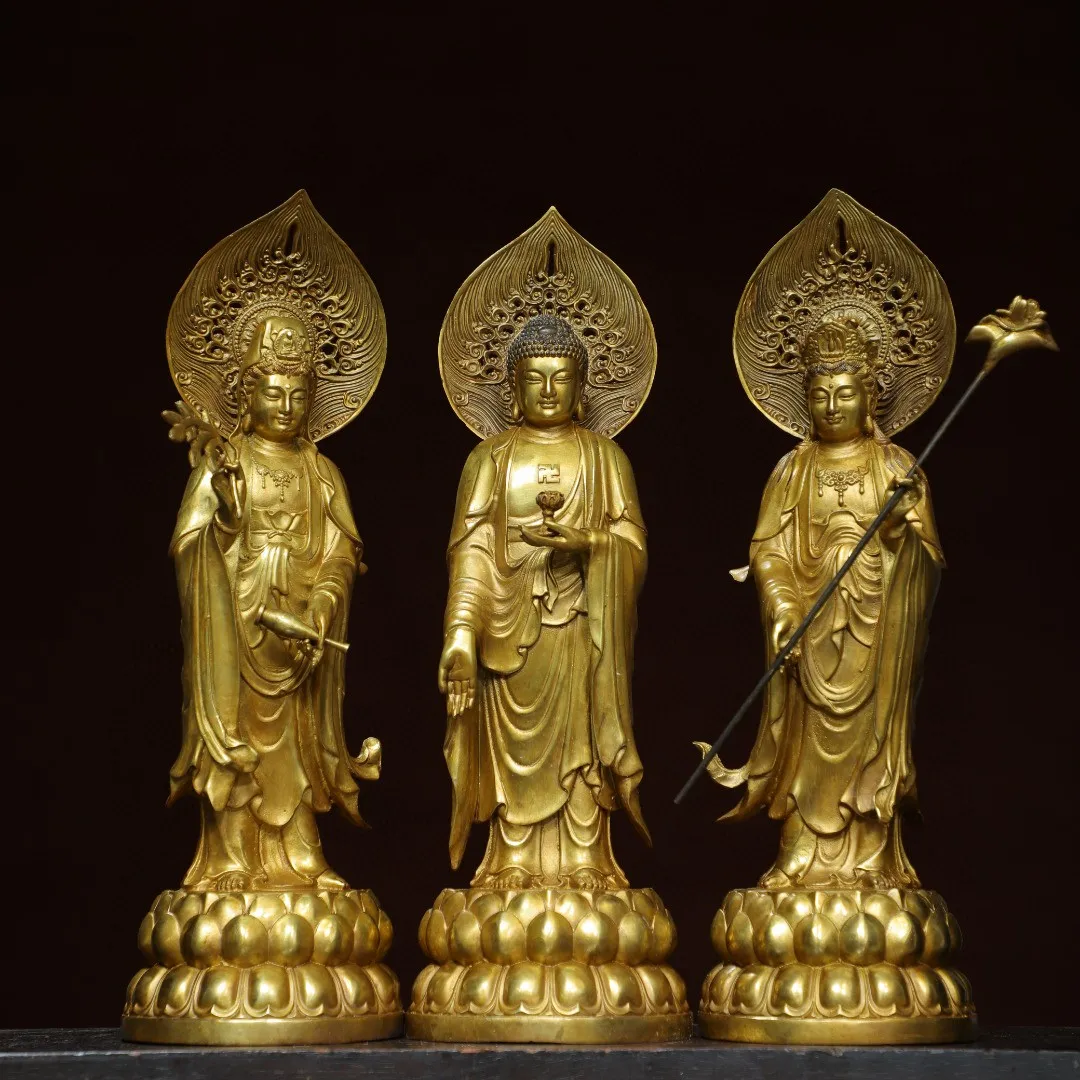 Tibetan Western Three Saints Brass Gilt Sakyamuni's general trend to Guanyin Ornament Home Buddhist Hall Supplies 35cm