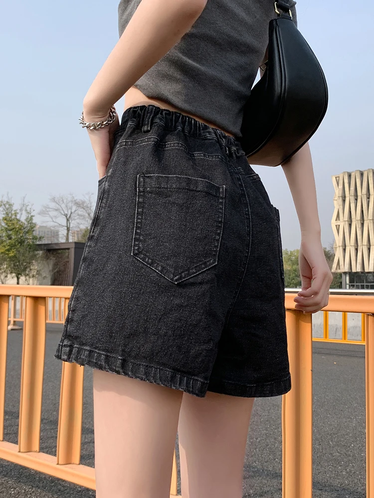 الصيف عادية البسيطة الدنيم التنانير امرأة ألف خط حجم كبير الجينز التنانير مع السراويل مرونة الخصر تنورة سوداء المرأة كولوتيس قصيرة #5