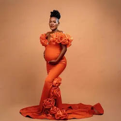 Burnt Orange Maternity Dress Unique Beaded Pregnancy Dress Off Shoulder Women Floral Ruffled Maternity Dress Babyshower Long