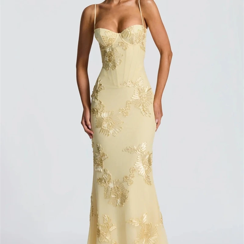 Floral Evening Gown Premium Gala Spaghetti Strap Fitted French Backless Solid Long Dress For Women Wedding Guest Party Elegant - view 5